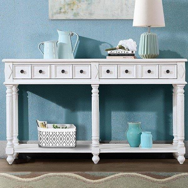 Retro Console Table Entryway Table 58" Long Sofa Table with 2 Drawers in Same Size and Bottom Shelf for Storage (Antique White)