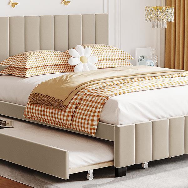 Queen Size Velvet Upholstered Platform Bed with 2 Drawers and 1 Twin XL Trundle- Beige