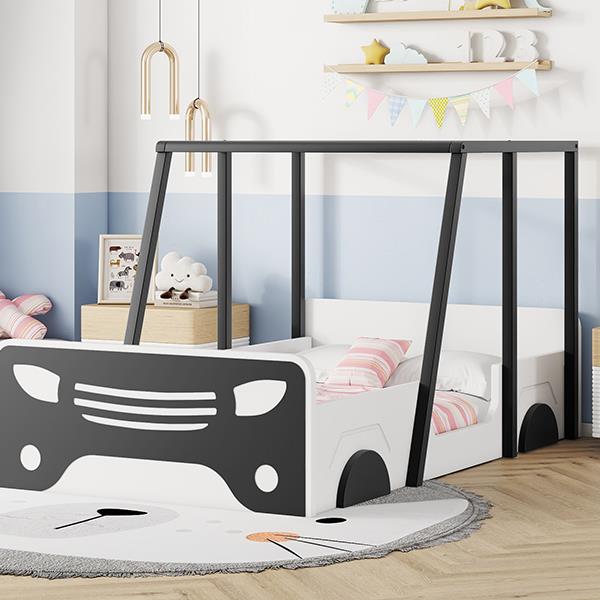 Twin Size Car-shaped Bed with Roof,Wooden Twin Floor Bed with wheels and door Design,Montessori Inspired Bedroom,Black