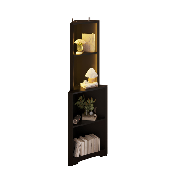 FCH 4-layer L-shaped corner display rack particle board 40*40*165cm black with LED light and power strip