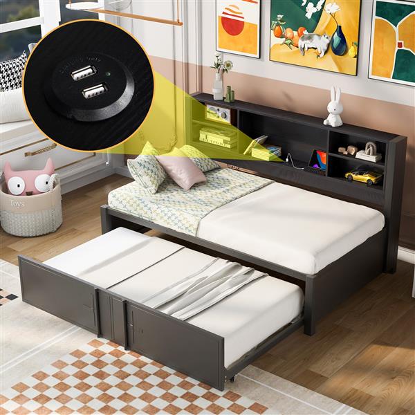 Metal Twin Size Daybed with Twin Size Trundle, Storage Shelves and USB Ports, Black