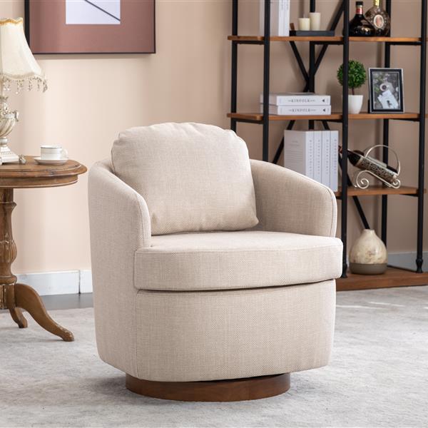 035-Linen Fabric Swivel Accent Chair With Soild Wood Round Brown Base Leg,Beige