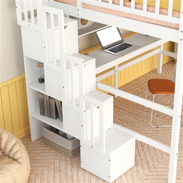 Full Size Loft Bed with Built-in Desk, Bookshelves and Storage Staircase,White