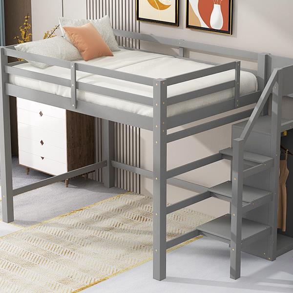 Full Size Loft Bed with Built-in Storage Wardrobe and Staircase, Gray