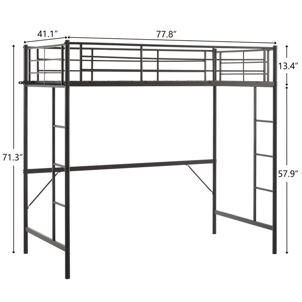 Twin Size Metal Loft Bed with Safety Guardrails & 2 Built-in Ladders, Loft Bunk Bed Frame for Teens Juniors Adults, Space Saving, Noise Free, No Box Spring Needed, Black