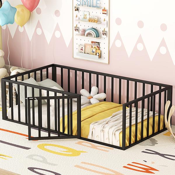 Twin Size Metal Floor Bed Frame with Fence and Door, Black