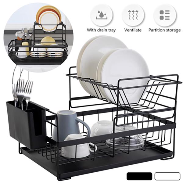 2 Tier Kitchen Sink Dish Drainer Rack with Drip Tray Cutlery Holder Plate UK