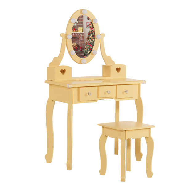 FCH Kids Vanity Set with Mirror and Lights and Stool, 5 Storage Drawers, Pretend Play Princess Makeup Desk Dressing Table and Stool Set for Little Girls Age 3+, Macaroon Orange