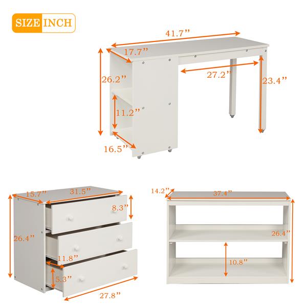 Low Study Twin Loft Bed with Cabinet and Rolling Portable Desk - White