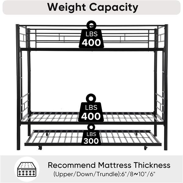 Over Twin Bunk Bed Frame with Trundle,Metal Bunkbed with Sturdy Guard Rail and 2 sideLadders for Kids/Adults,Can be Divided Into Two Beds, No Box Spring Needed, Noise Free for Dorm,Black