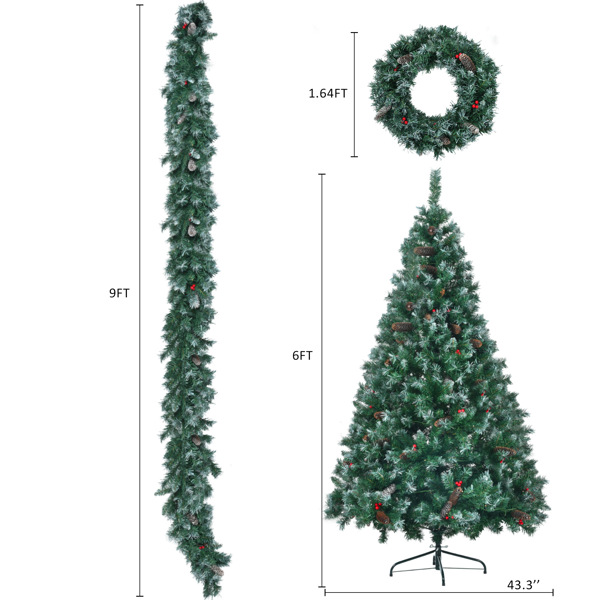 6FT Dark Green Pine Christmas Tree, Pre-Lit Set with Tree & Garland & Wreath, Hinged Artificial Xmas Tree with White Tips, Red Berries and Pine Cones, 11 Colorful Modes, Indoor Holiday Decoration 