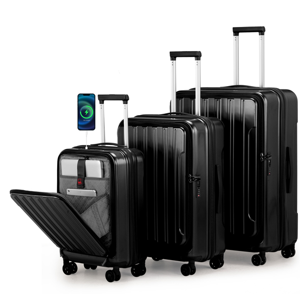 Luggage Sets 3 Piece, ABS+PC Front Open Hardshell Lightweight Luggages, Expandable Carry On Suitcase Set with TSA Lock & Double Wheels (20/24/28, Black)