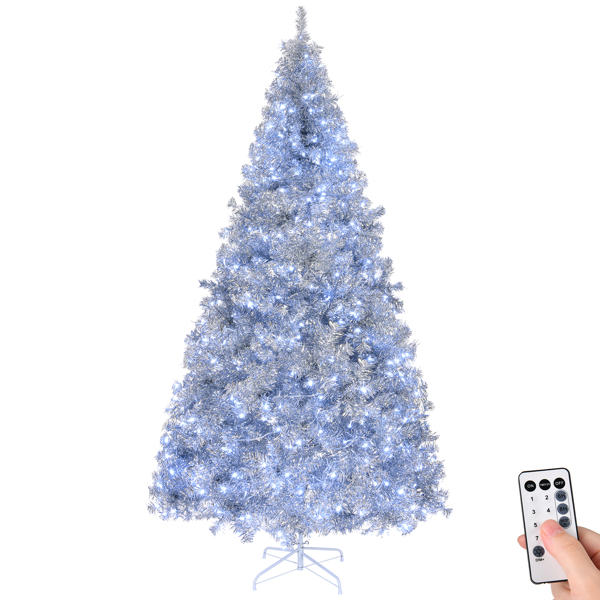 6 FT Pre-lit Artificial Christmas Tree, Hinged Xmas Pine Tree with 900 Branch Tips, 300 Lights and Remote Control for Holiday Party Office Home, Silver