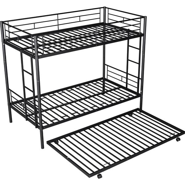 Metal Twin over Twin Bunk Bed with Trundle/Can Be Separated into 2 Twin Beds/ Heavy-duty Sturdy Metal/ Noise Reduced/ Safety Guardrail/ Trundle for Flexible Space/ Bunk Bed for Three/ CPC Certified