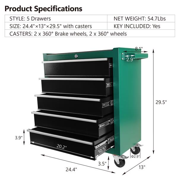 5-Drawers Rolling Tool Chest,Tool Cabinet on Wheels with Keyed Locking System and Drawer Liners,Tool Chest with Link Buckle and can be Combined to Large Cabinet Set,for Warehouse,Garage