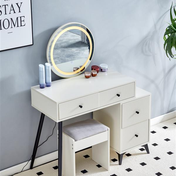 Fluted Makeup Vanity Desk with Round LED  Mirror and Lights, Modern Glass Top Big Vanity Table with 4 Drawers & Adjustable Shelves, Dressing Table Set  with stools table with movable side table