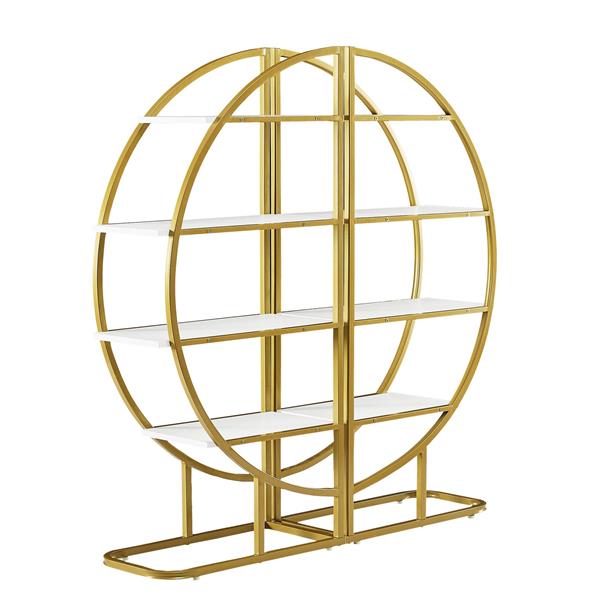 4 Tiers Home Office Open Bookshelf, Round Shape, Different Placement Ways, MDF Board, Gold Metal Frame, White