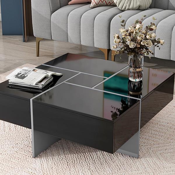 Unique Design Coffee Table with 4 Hidden Storage Compartments, Square Cocktail Table with Extendable Sliding Tabletop, UV High-gloss Design Center Table for Living Room, 31.5"x 31.5"