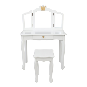 Children\\'s Wooden Dressing Table Three-Sided Folding Mirror Dressing Table Chair Single Drawer White Crown Style