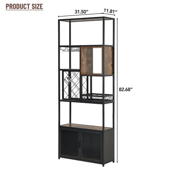 82.7" Industrial Tall Black Bar Wine Rack Cabinet with Glass Holder Wood Home Bar Cabinet