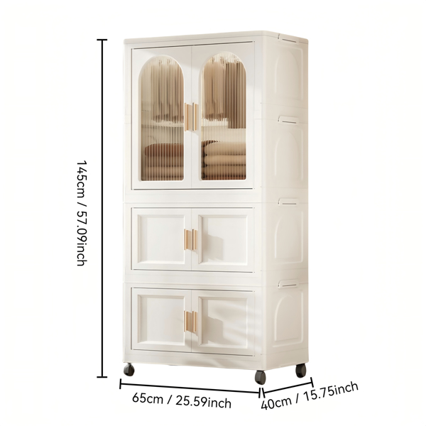 25.59" Side Wide Folding Wardrobe , 25.59"×15.75"×57.09", with Magnetic Door, Plastic Storage Cabinet with Wheels( one layer of wardrobe + two layers of folding boxes+10 hangers ) 