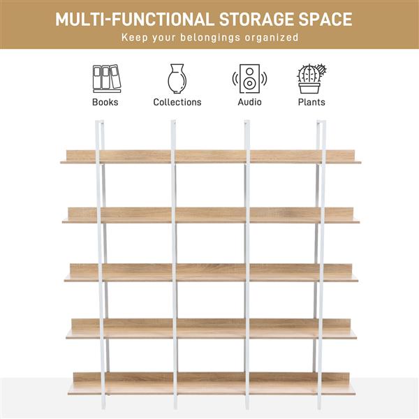 5 Tier Bookcase Home Office Open Bookshelf, Vintage Industrial Style Shelf, MDF Board, White Metal Frame, Oak