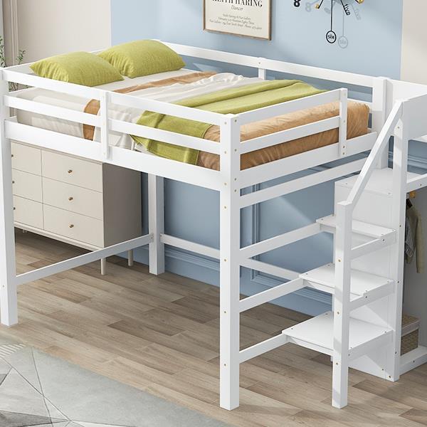 Full Size Loft Bed with Built-in Storage Wardrobe and Staircase, White