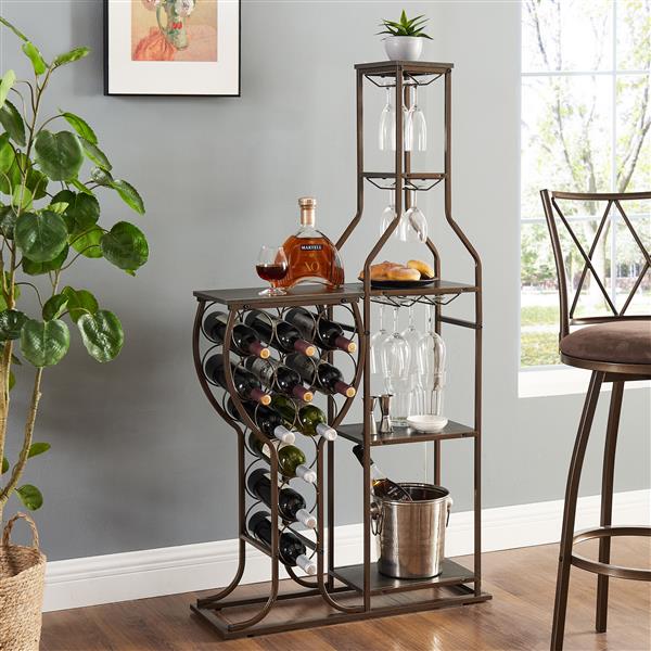 Grey 11 Bottle Wine Bakers Rack, 5 Tier Freestanding Wine Rack with Hanging Wine Glass Holder and Storage Shelves, Wine Storage Home Bar for Liquor and Wine Storagefor Kitchen, Dining Room