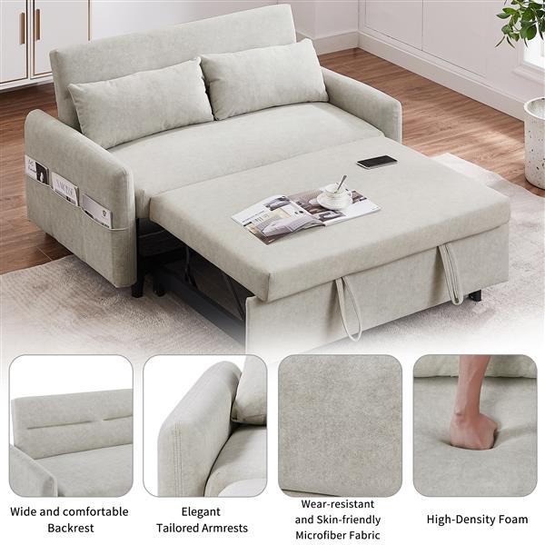 55.1" Pull Out Sleep Sofa Bed Loveseats Sofa Couch with Adjsutable Backrest, Storage Pockets, 2 Soft Pillows, USB Ports for Living Room, Bedroom, Apartment, Office, Beige