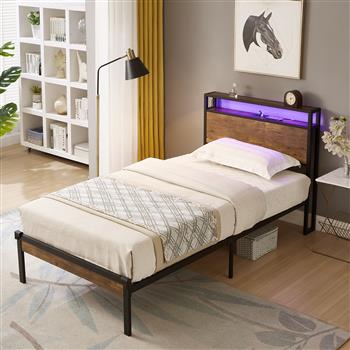 Twin Size Metal Platform Bed Frame with Wooden Headboard and Footboard with USB LINER, <b style=\\'color:red\\'>LED</b> Lights