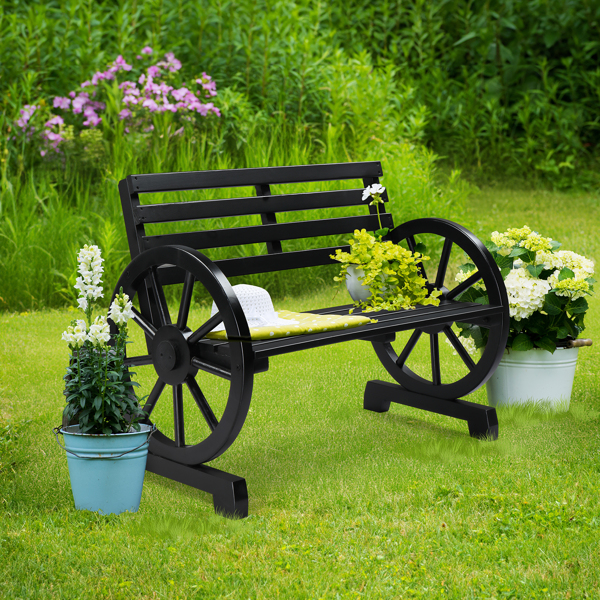 Rustic 2-Person Wooden Wagon Wheel Bench with Slatted Seat and Backrest, Black