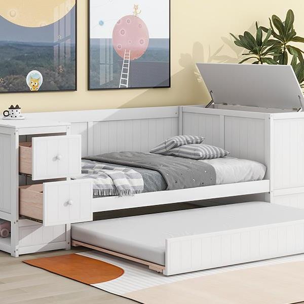 Twin Size Daybed with Storage Arms, Trundle and Charging Station, White