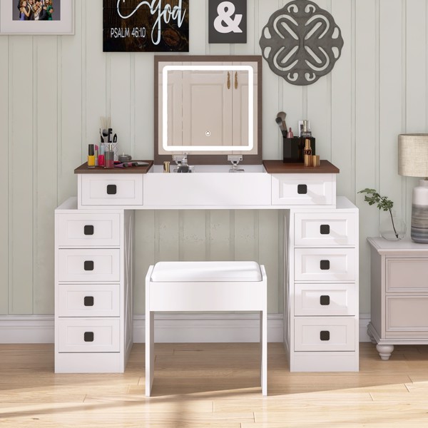 Vanity Desk with Dimmable LED Light with 10 Drawers, Makeup Table with Flip Up Mirror for Space-saving,Large Storage Vanity Table Set with Stool and Drawers, White+Walnut Finish 