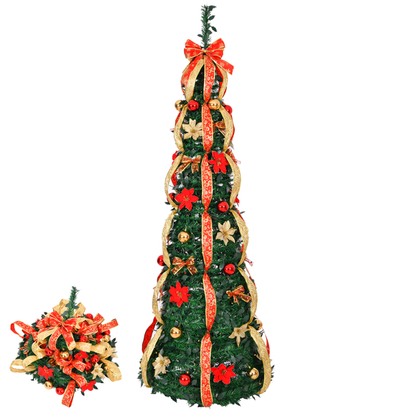 6 FT Fully Decorated Pre-lit Christmas Tree, Pop Up Artificial Xmas Tree with 150 Warm Lights Battery Operated and Red & Golden Ornaments for Home Office Store Holiday Deco