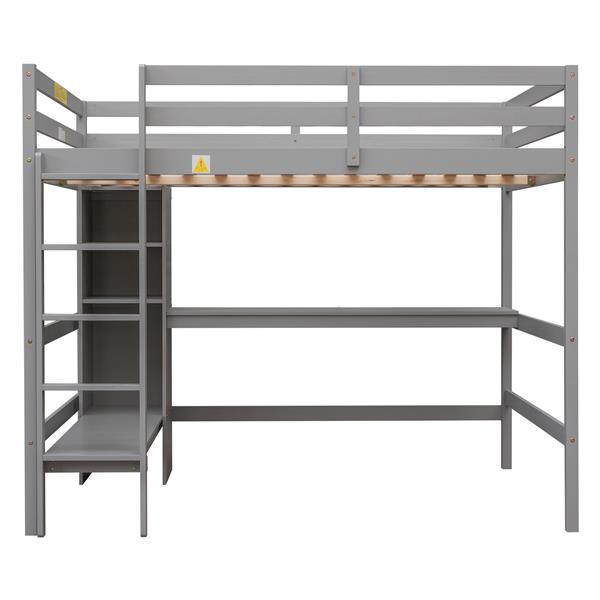 Full Size Loft Bed with Multifunction Shelves and Under-bed Desk, Gray