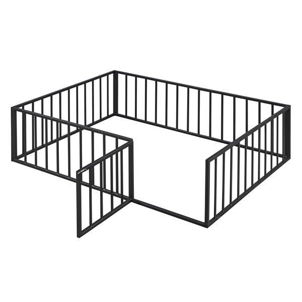 Full Size Metal Floor Bed Frame with Fence and Door, Black