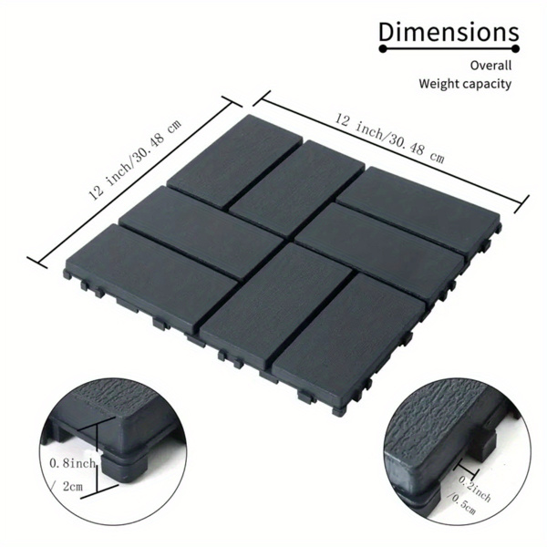 Plastic Interlocking Deck Tiles Outdoor All Weather Waterproof 44 PCS 12"x12" Flooring Deck Tiles Patio Floor Tile for Pool Balcony Backyard Porch, Dark Grey