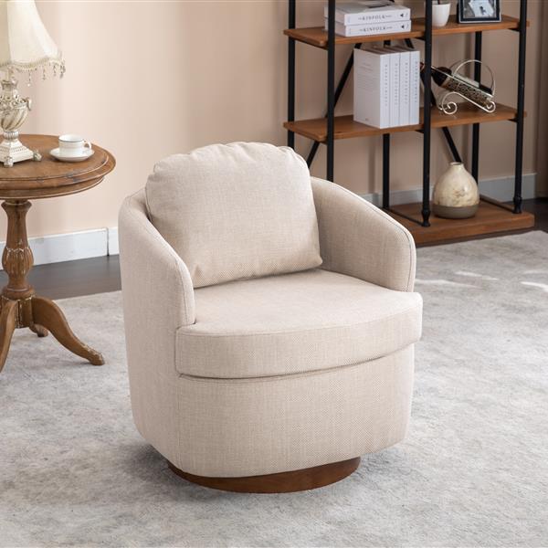 035-Linen Fabric Swivel Accent Chair With Soild Wood Round Brown Base Leg,Beige