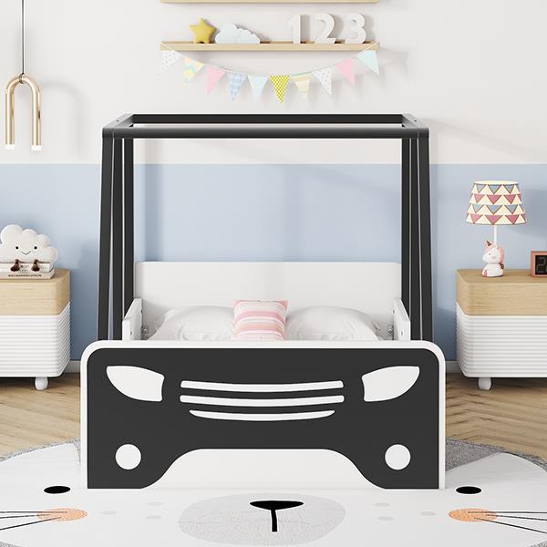 Twin Size Car-shaped Bed with Roof,Wooden Twin Floor Bed with wheels and door Design,Montessori Inspired Bedroom,Black