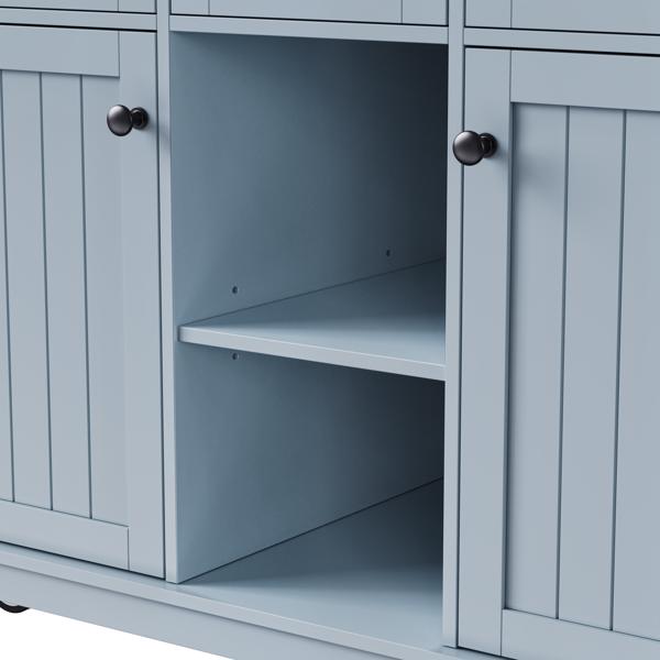 53inch Large Kitchen Island with Drop Leaf,Power Outlet,Door Internal Storage Rack,Rolling Kitchen Cart on 5 Wheels with 5 Open Side Racks for Kitchen,Dining Room,Grey Blue(Not include bar stools) 