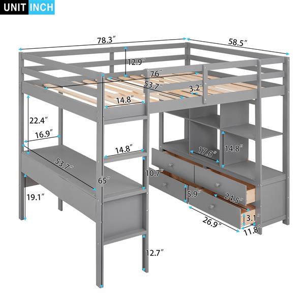 Full Size Loft Bed with Built-in Desk with Two Drawers, and Storage Shelves and Drawers,Gray