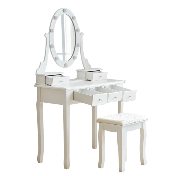 FCH Vanity Set with 3-Color Dimmable Lighted Mirror, Makeup Dressing Table with Power Outlet, Drawers and Cushioned Stool, White