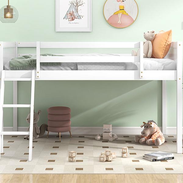 Twin Size Wood Low Loft Bed with Ladder, ladder can be placed on the left or right, White