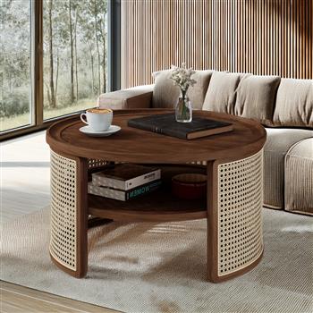 2-Tiered Round Walnut Wood Coffee Table with Storage <b style=\\'color:red\\'>Rattan</b> Base in 31.3\\'\\'