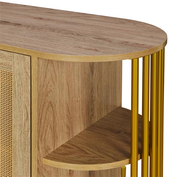 2-Door Elegant Curved Dining Cabinet with Gold Trim and Woven Rattan Doors for Dining Room (Natural)