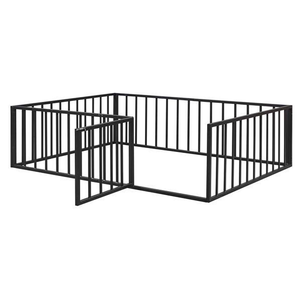 Full Size Metal Floor Bed Frame with Fence and Door, Black