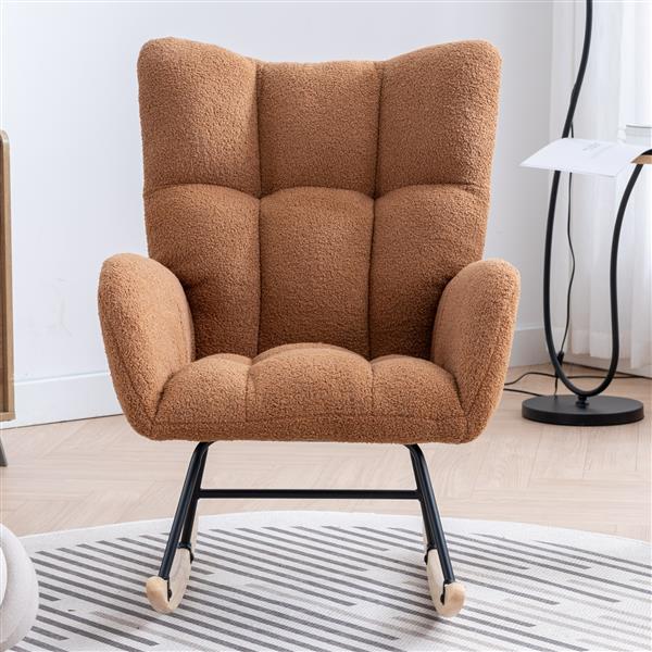 Rocking Chair with Pocket, Soft Teddy Fabric Rocking Chair for Nursery, Comfy Wingback Glider Rocker with Safe Solid Wood Base for Living Room Bedroom Balcony (brown)