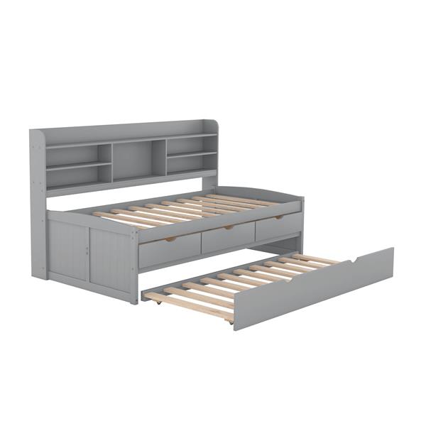 Twin Size Wooden Captain Bed with Built-in Bookshelves,Three Storage Drawers and Trundle,Light Grey