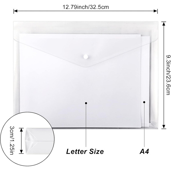 50pcs Clear Envelopes, Expandable Folders for Documents and Waterproof Folders with Snap Closure, A4 Size Letter Size, for School and Office Supplies