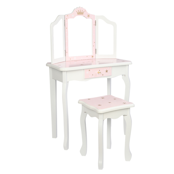 Wooden Toy Children's Dressing Table Three Foldable Mirror/Chair/Single Drawer Pink Star Style